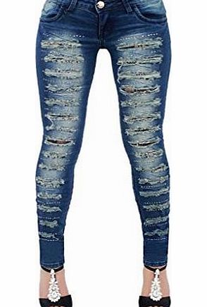 SnobUK New Womens Ladies denim Blue Skinny jeans DISTRESSED RIPPED style skinny slim fit pant UK sizes 10