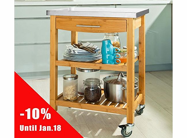 SoBuy FKW28-N Bamboo Kitchen Cart, Kitchen Island, Serving Trolley with Stainless Steel Surface and Wheels,L58cmxW40cmxH87cm