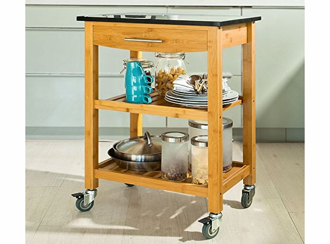 FKW28-SCH Bamboo Kitchen Cabinet, Kitchen Island, Serving Trolley with with Granite Countertop and Wheels,L58cmxW40cmxH85cm