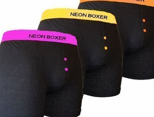 Mens Classic Boxer Shorts Trunk Black With Neon Waistband Underwear 3 PK MED