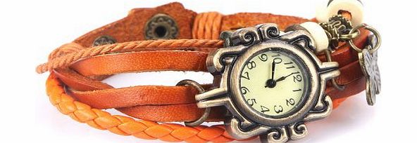 SODIAL(R) Retro Male Female Wrist Watch Bracelet Artificial Leather Strap Knit Wrap Around Quartz   Butterfly Pendant (Orange)