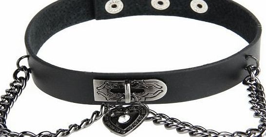 SODIAL (R)Metal Heart Dangle Pendant Punk Goth Black Leather Necklace Collar Cuff 1.2x0.9``