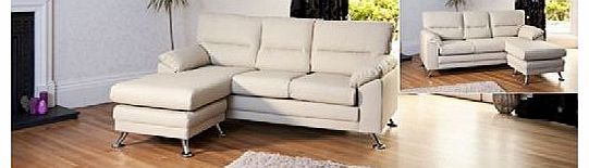 Brand New Cream Reversible Corner Sofa in Bonded Leather With Chrome Feet
