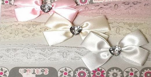 Soft Touch Baby Girls 3 Piece Lacey Headbands Gift Set Infants Cute Diamante Bows White Pink Cream Stretch 0-6 Months
