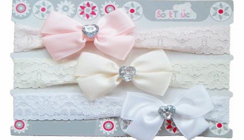 Cute 3 pack lace baby headband with diamante satin bow by Soft Touch - Size Mix