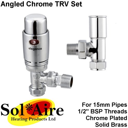 SOLAIRE / ELEGANCE EVOLVE Thermostatic TRV Angled Chrome Radiator / Heated Towel Rail Valve Set Valves 15mm Pipes 1/2`` BSP