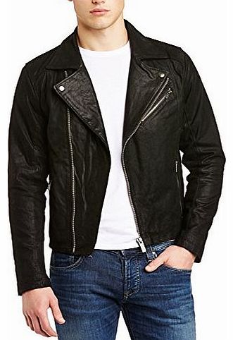 Solid Mens Umberto Leather Long Sleeve Jacket, Black, X-Large