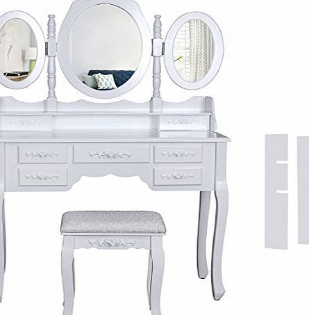 Songmics Wall-Fixed Luxurious 3 mirrors Dressing Table Set with stool, 7 drawers with 2 Dividers Make-up Dresser RDT91W