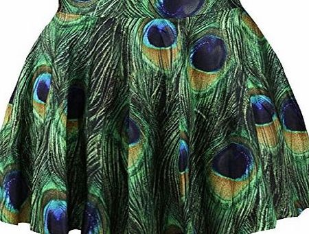 SOTW New Sexy Retro Vintage Womens Girls Belted Skater Flared Jersey Animal Plain Mini Party Dress Skirt, Peacock