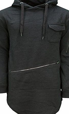 SoulStar Mens Soulstar Designer Longline Hoodie Zip Detail Casual Hooded Sweatshirt (L, Black)