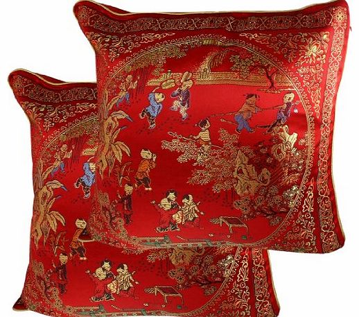 Chinese Embroidery Courtyard Scene Pattern Cushion Throw Toss Pillow Cover 2 Pcs