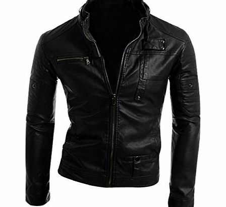 Sourcingmap Man Chic Button-Tab Long Sleeve Faux Leather Coat Jacket Black M