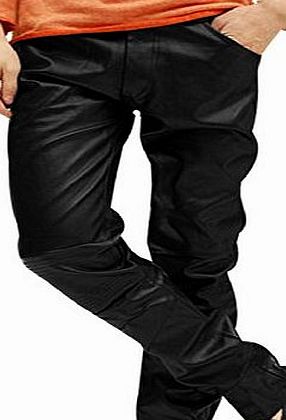 Sourcingmap Men Slant Pockets Front Zip Fly Slim Faux Leather Pants Black size 32