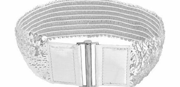 Woman Silver Tone Sequin Elastic Fashion Cinch Belt