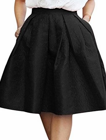 Sourcingmap Women High Waist Floral Jacquard Flared Casual Full Skirt Black L