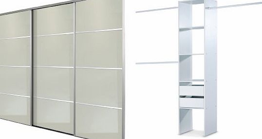 White Lacquered Glass, Silver Framed, Triple, 4 Panel Sliding Wardrobe Door Kit. Up to 2235mm (7ft 4ins) wide.