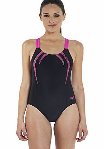 Speedo Womens Sports Logo Medalist Swimsuit - Black/Ecstatic, Size 36