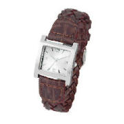 Brown Weave Strap Silver Dial Watch