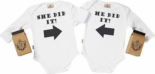 - He Did It And She Did It Twin Set Babygrows / Bodysuit Alternative Baby Clothes 100% Organic Sizes 0-6 months WHITE + in funky Milk Carton