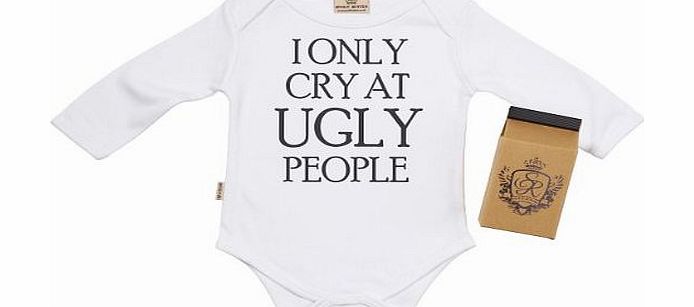 - Only Cry At UGLY People Long Sleeve Babygrows / Bodysuit Alternative Baby Clothes 100% Organic Sizes 0-6 months + in funky Milk Carton WHITE