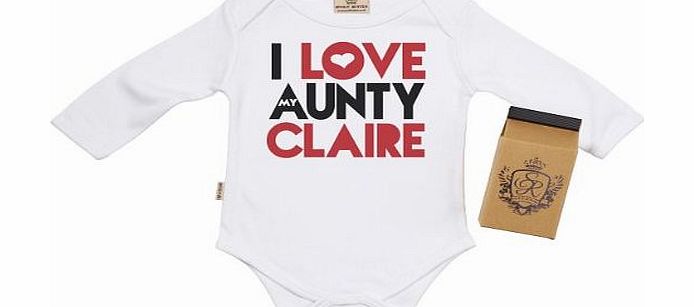 - PERSONALISED I Love Aunty Claire Baby Babygrow Alternative Baby Clothes 100% Organic Sizes 0-6 months WHITE + in funky Milk Carton