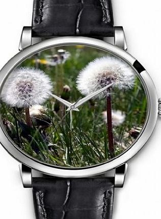 Aanalog Fashion Flower Series Silver Lady Watches with Genuine Black Leather Strap, Unique Wrist Watches for Women Girls Designed with White Dandelion