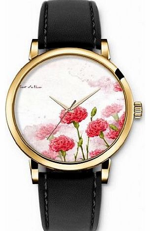 SPRAWL Ladies Watch Wristwatch Black Genuine Leather Quartz Movement with Red carnations