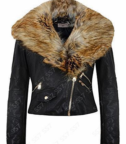 SS7 Womens Faux Fur Collar Biker Jacket, Black, Sizes 8 to 14 (UK - 8, Black)