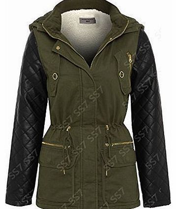 SS7 Womens Leather Quilted PU Sleeve Parka Sherpa Coat, Sizes 6 to 16 (UK - 8/10, Khaki)