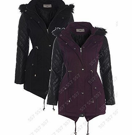 Womens Quilted PU Sleeve Parka Coat, Sizes 8 to 16 (UK - 12, Black / Black)