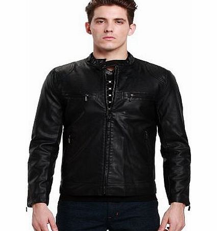 Mens Slim Casual Faux Leather Moto Jacket Coat (X-Large, Black)