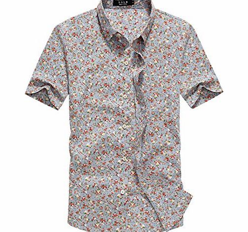 Mens Summer Casual Floral Shirt Short Sleeve (Medium, Grey)