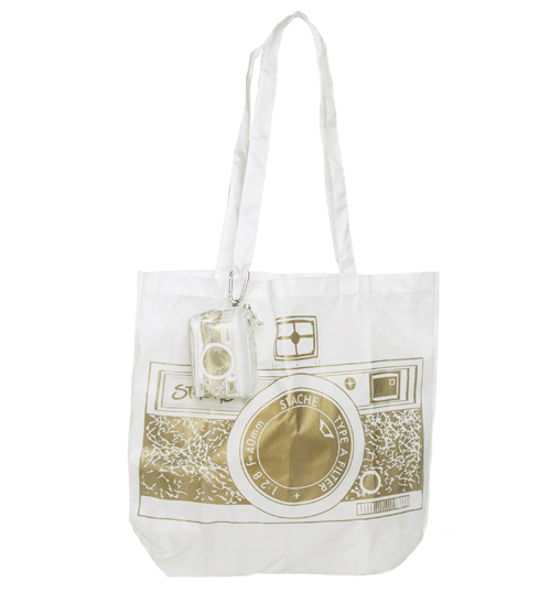 Stache White And Gold Retro Camera Shopper Bag from