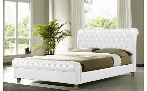 Stag Stores NEW 5ft FAUX LEATHER WHITE CHESTERFIELD SLEIGH BED FRAME