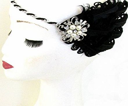Starcrossed Beauty Black amp; Silver Feather Flapper Headpiece Headband White Vintage 1920s Pearl M25 *EXCLUSIVELY SOLD BY STARCROSSED BEAUTY*