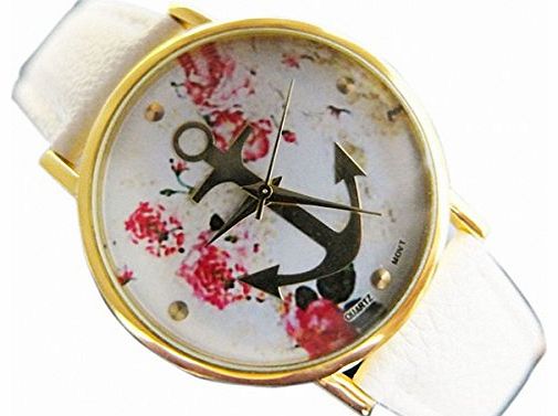 Start Here Geneva Platinum Gold Trend Anchor watch Flower Leather Strap Women Ladies Quartz Wrist Watch Dress Gift Watch -Beige
