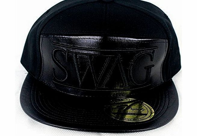 Swag black strap back snapback caps, flat peak dope pu leather fitted hats, hip hop baseball