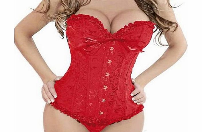 Brocade basques fully boned overbust lace up boned floral lace trim bustier corset sexy lingerie plus size 8-24 (6XL-UK-24, red)