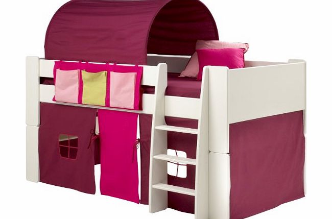 Steens For Kids Girls Bunk Bed, Kids White Mid Sleeper Bed, Cabin Bed, with Pink Tent Tunnel amp; Pocket