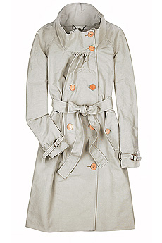 Stone cotton blend textured trench coat with a wide round neck.