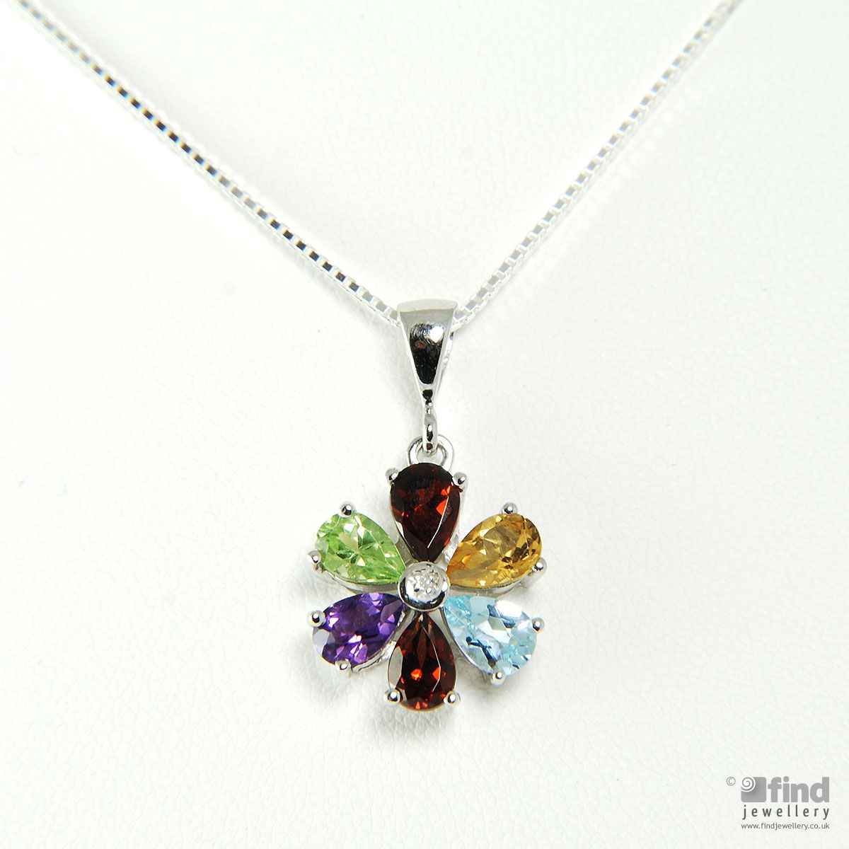 Sterling Silver Multi Gem Flower Pendant Necklace