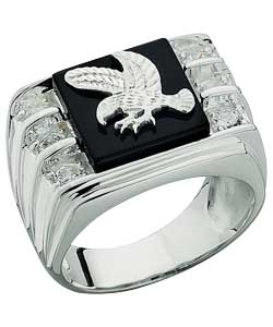 Sterling Silver Onyx and Cubic Zirconia Eagle Ring