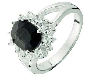 Sterling Silver Oval Black Sapphire and Cubic