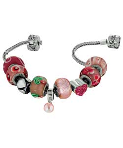 sterling Silver Pink Bead and Charm Bracelet