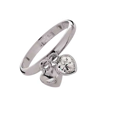 Sterling Silver Plain Crystal Hearts Drop Ring