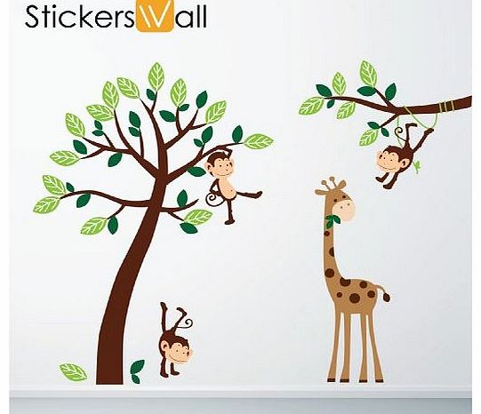 StickersWall Monkey Giraffe Tree Nursery Jungle Wall Stickers