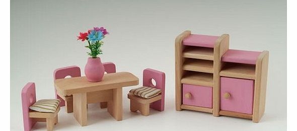 Wooden Dolls House Furniture Set - PINK Dining Room