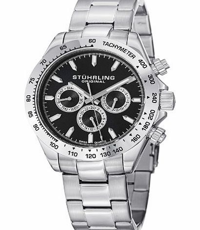 Stuhrling Original Octane Raceway Mens Quartz Watch with Black Dial Analogue Display and Silver Stainless Steel Bracele