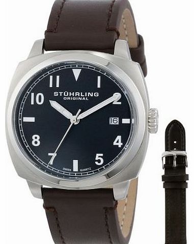 Stuhrling Original Tuskegee Spitfire Watch Set Mens Quartz Watch with Black Dial Analogue Display and Interchangable Black/Brown Leather Strap 770.SET.02