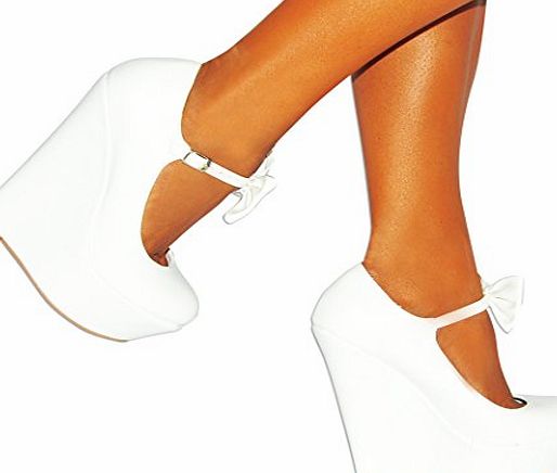 Style Sketch Book Ladies White Pu faux Leather Bow Ankle Strap Mary Janes Wedged Platforms Wedges High Heels 3-8 UK5